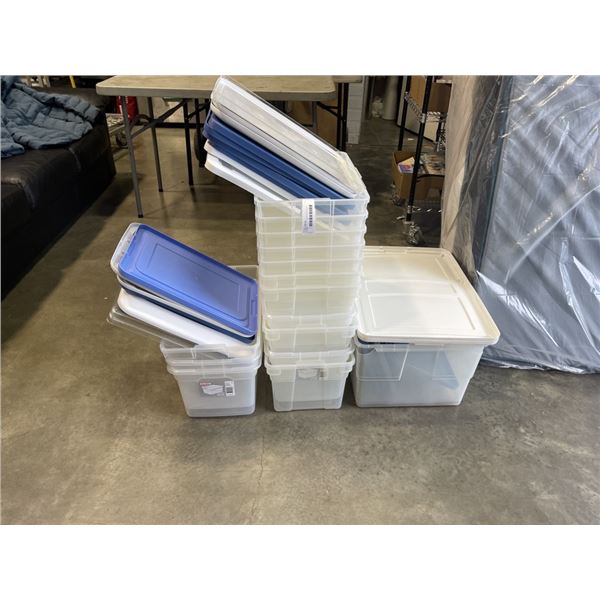 LARGE LOT OF ASSORTED PLASTIC STORAGE TOTES AND LIDS
