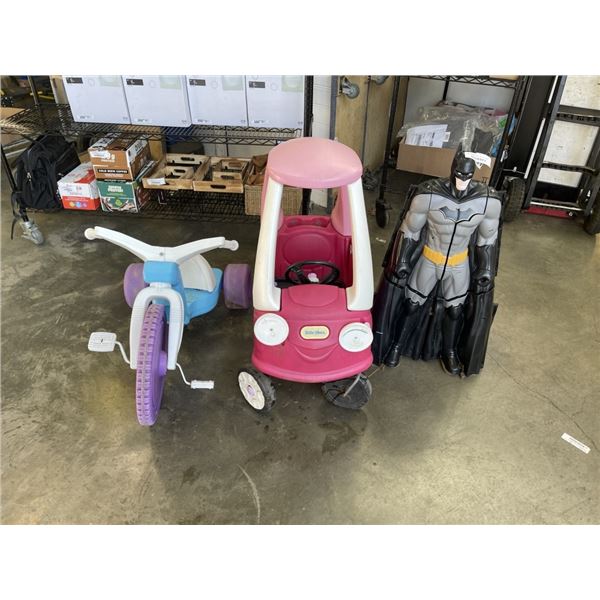 KIDS  CAR, BIG WHEEL TRIKE, AND BATMAN FIGURE