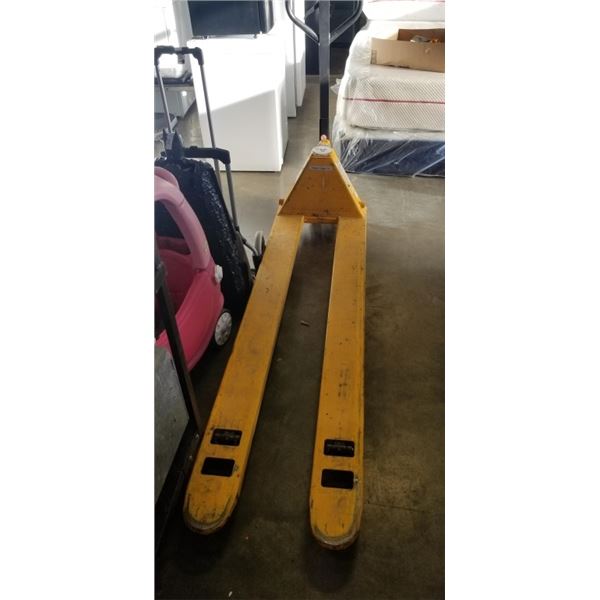 YELLOW 3,000LB NARROW AISLE 6FT LONG PALLET JACK, WORKING