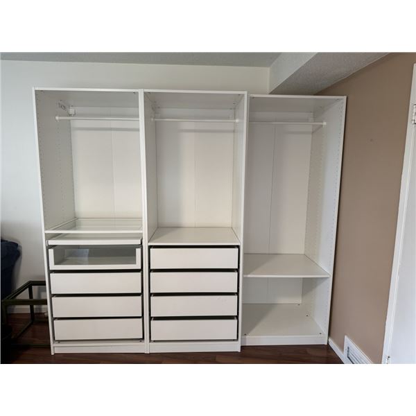 3 IKEA PAX WARDROBE WITH 8 DRAWERS, IN WHITE, ALL PARTS  AND PIECES INCLUDED, HARDWARE, AND LABELED 