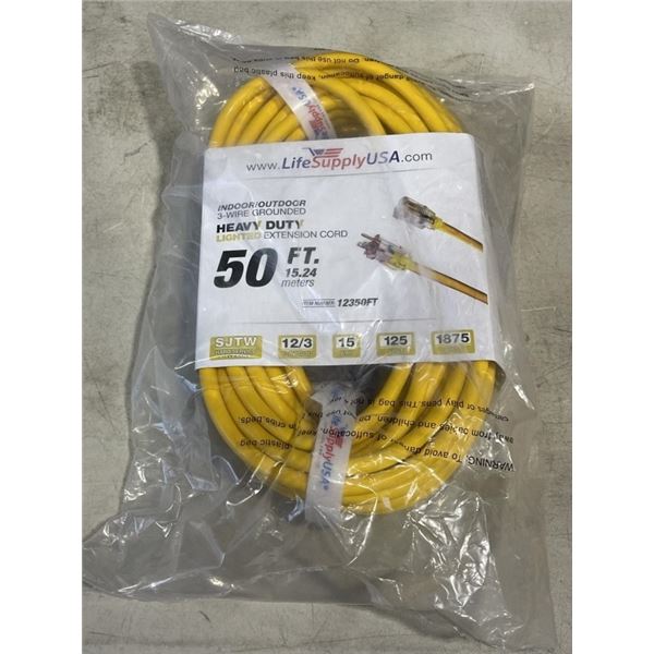 NEW 50FT INDOOR OUTDOOR HEAVY DUTY LIGHTED 3 WIRE EXTENSION CORD, 12AWG, YELLOW