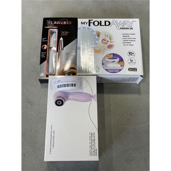 LED FOLDING VANITY MIRROR, FACIAL CLENSING BRUSH, AND FACIAL HAIR REMOVAL TOOL