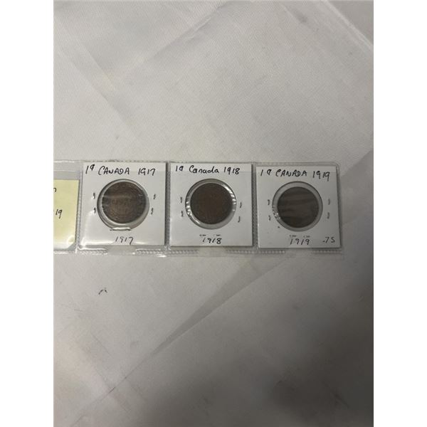 3 CANADIAN LARGE CENTS 1917, 1918, 1919 KING GEORGE V WWI COINS