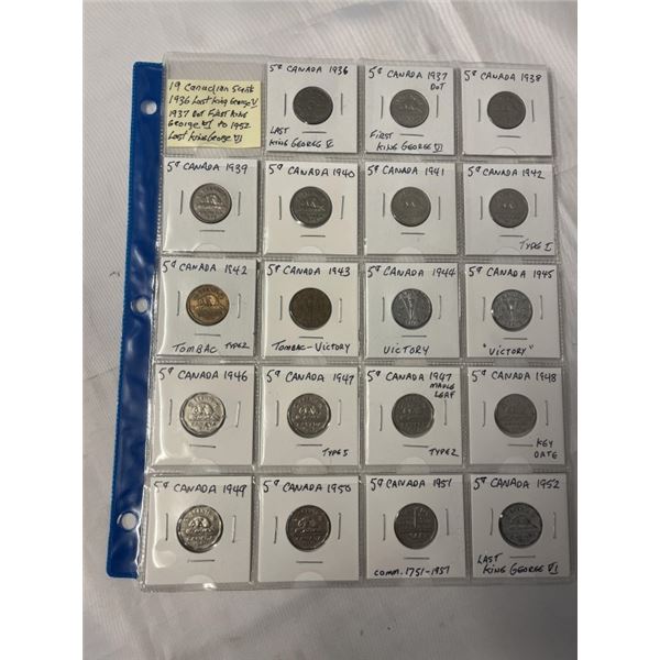 19 CANADIAN NICKELS 1936 LAST KING GEORGE V 1937 DOT FIRST CANADIAN KING GEORGE V NICKEL PLUS 1938 T