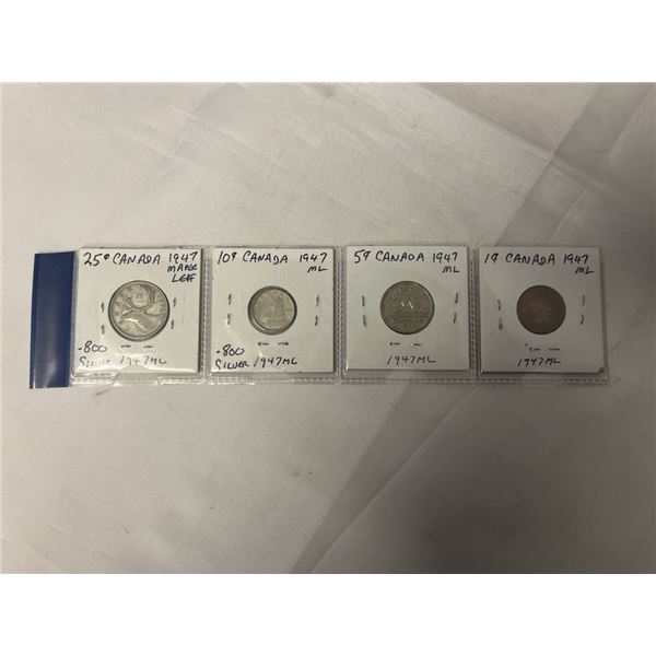 4 - 1947 MAPLE LEAF CANADIAN COINS 25 CENT, 10 CENT .800 SILVER LUS 5 CENT AND 1 CENT