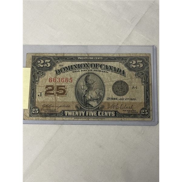 JULY 2 1923 DOMINION OF CANADA 25 CENT BILL