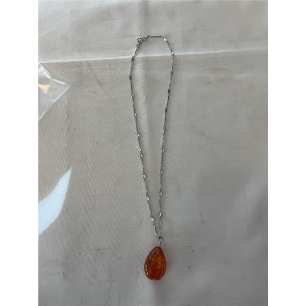 WHITE GOLD PLATED AMBER PENDANT W/ CHAIN NECKLACE EACH MARKED 18K GF