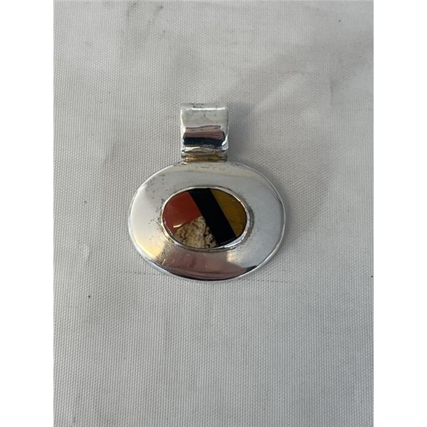 HAND CRAFTED STERLING SILVER W/ SEMI PRECIOUS STONES INLAY PENDANT, SOLID AND HEAVY WEIGHT MARKED ME