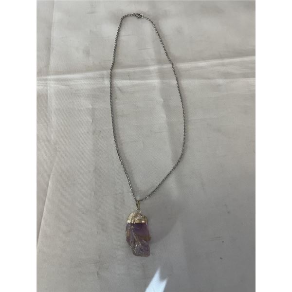 LARGE HAND CRAFTED NATURAL AMETHYST STONE PENDANT W/ CHAIN NECKLACE