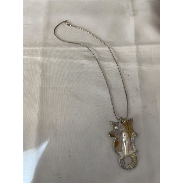 HAND CRAFTED MOTHER OF PEARL SEAHORSE PENDANT W/ 925 STERLING SILVER SNKAE SKIN CHAIN NECKLACE MARKE