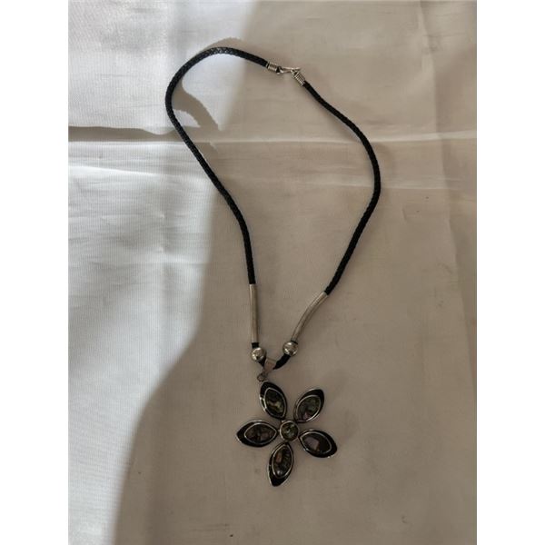 HAND CRAFTED SILVER W/ ABELONE ONE SIDE AND BLACK ONYX ON THE OTHER PENDANT W/ BLACK CORD NECKLACE 1