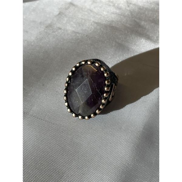 LARGE VINTAGE COPPER RING W/ FACETED NATUAL AMETHYST STONE SIZE 8