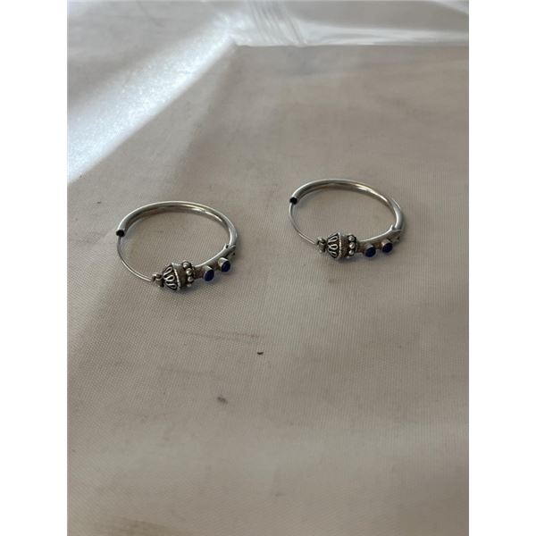 PAIR OF STERLING SILVER (TESTED) W/ BLUE STONES HOOP EARRINGS