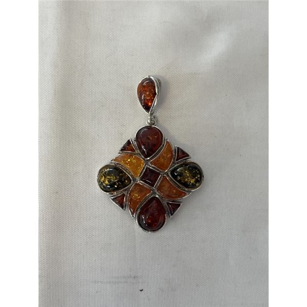 STERLING SILVER W/ GENUINE AMBER STONES IN DIFFERENT COLOURS PENDANT 2.25" LENGTH MARKED 925