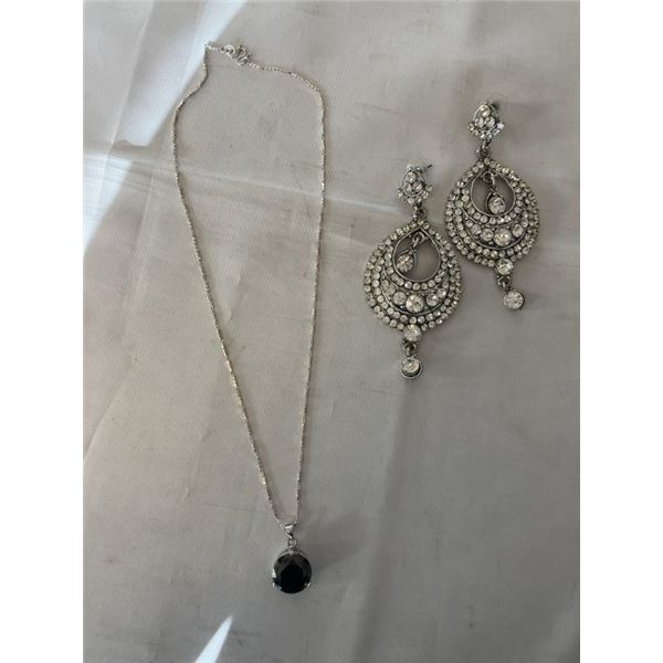 SILVER W/ FACETED BLACK STONE PENDANT W/ CHAIN NECKLACE AND VINTAGE LARTGE DANGLE EARRINGS