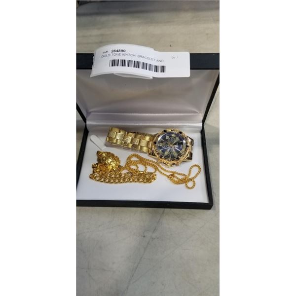 GOLD TONE WATCH, BRACELET AND NECLACE WITH PENDANT SET