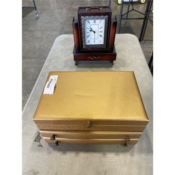 JEWLLERY CASE W/ CONTENTS AND CLOCK W/ DRAWER