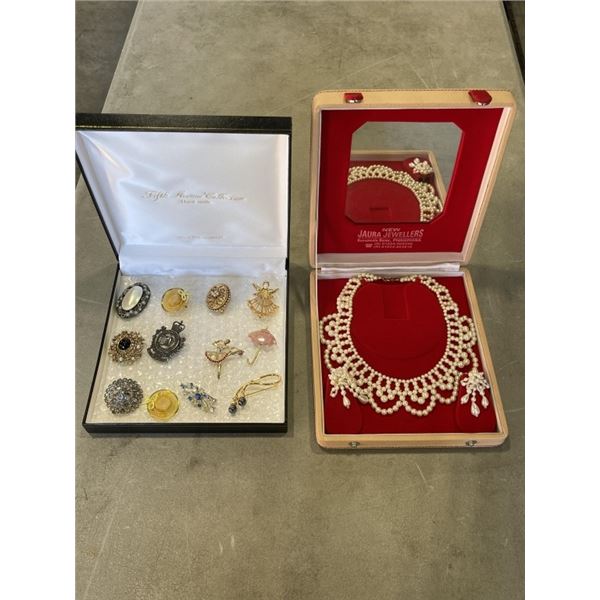 12 BROOCHES AND NECKLACE AND EARRING SET