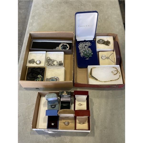 2 TRAYS OF NECKLACES AND 6 DINNER RINGS