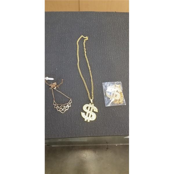 2 LARGE COSTUME DOLLAR SIGN NECKLACES AND TANGLED LADIES NECKLACE