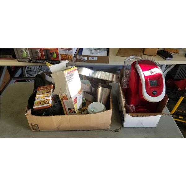 BOX OF KITCHEN WARES AND KEURIG COFFEE MACHINE