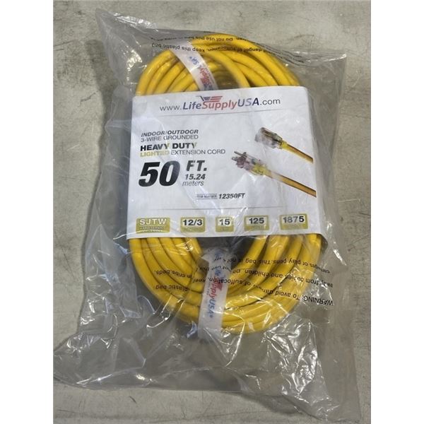 NEW 50FT INDOOR OUTDOOR HEAVY DUTY LIGHTED 3 WIRE EXTENSION CORD, 12AWG, YELLOW