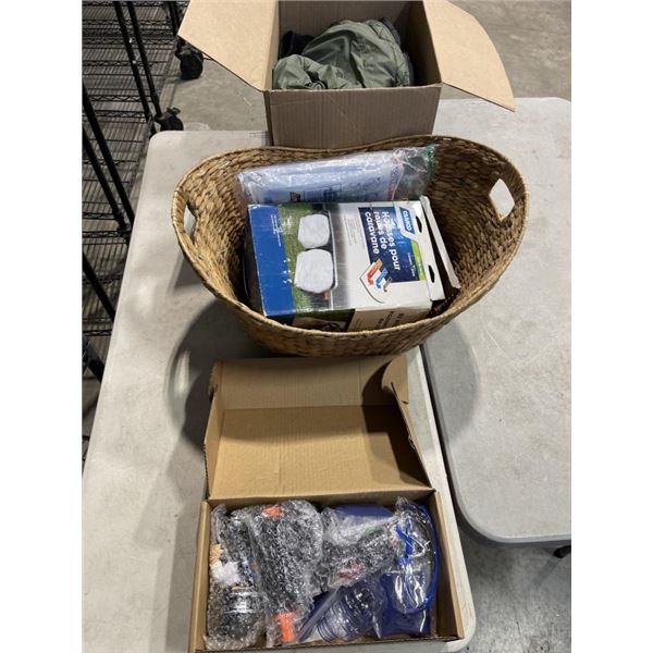 GELL BLASTER SET, SPACE SAVER BAGS, RV WHEEL COVERS, BASKET AND BOX OF ESTATE JACKETS BOOTS, BAGS ET