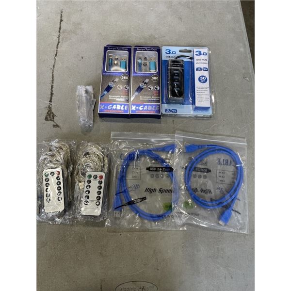 LOT OF CHARGING CABLES, CAT CABLE, USB LED LIGHTS, ETC