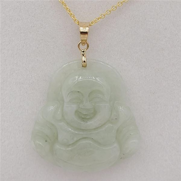 14KT YELLOW GOLD JADEITE (22CT) LAUGHING BUDDHA PENDANT WITH GOLD PLATED STERLING SILVER CHAIN, W/A 