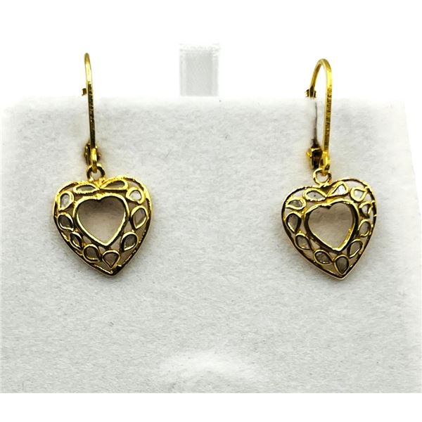 GOLD PLATED STERLING SILVER NATURAL DIAMOND (0.25CT) HEART SHAPE EARRINGS, W/A $370.00.