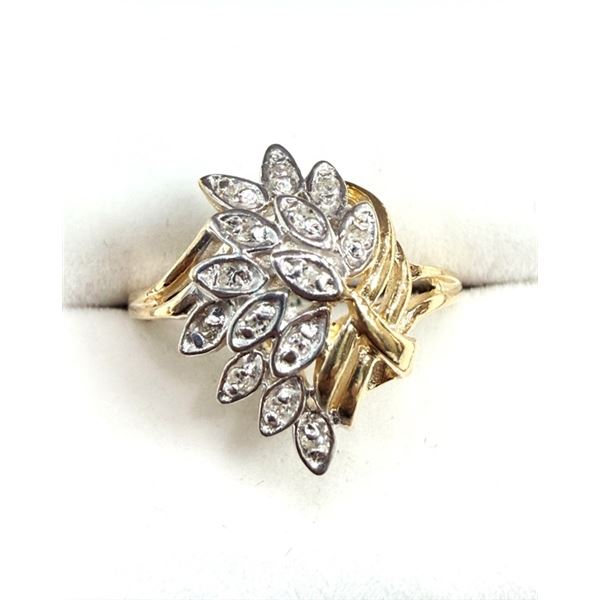 10KT YELLOW AND WHITE GOLD NATURAL DIAMOND (0.13CT) RING, SIZE 6.25, W/A $2100.00. DIAMOND IS THE BI