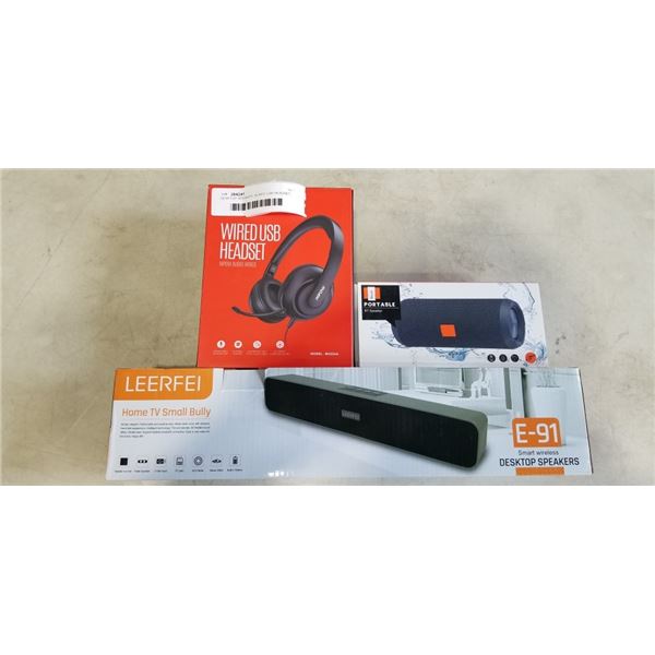 DESKTOP SPEAKER, WIRED USB HEADSET, AND BLUETOOTH SPEAKER
