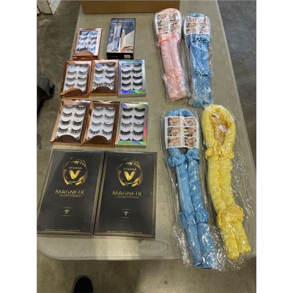 LOT OF NEW BEAUTY ITEMS - HEATLESS CURLERS, FAKE EYE LASHES, YEE LASH KIT, AND FACIAL HAIR REMOVAL T