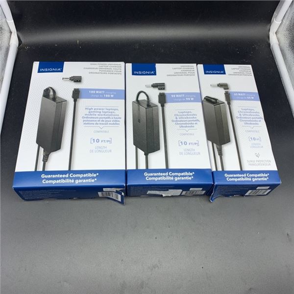 3 INSIGNIA UNIVERSAL LAPTOP CHARGERS 65W, 90W AND 180W RETAIL $180