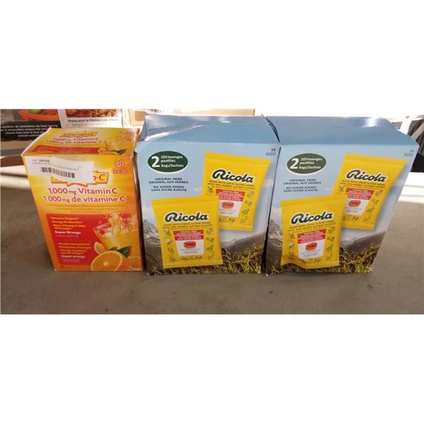 2 BOXES OF RICOLA LOZENGES AND BOX OF EMERGEN-C PACKETS