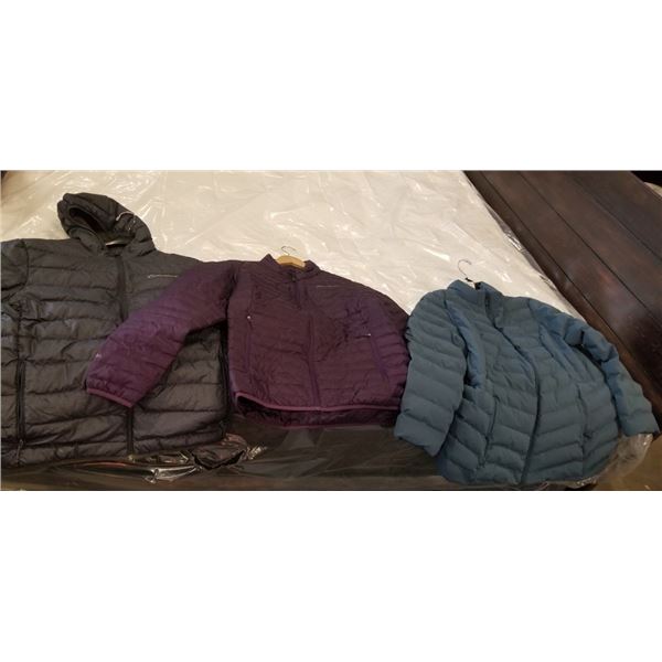 3 LADIES PUFF JACKETS SIZE, 2 ARE EDDIE BAUER SIZE LARGE, AND ONE 32 HEAT BRAND SIZE XXL
