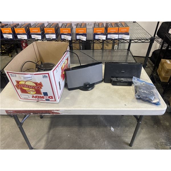 3 IPOD SOUND DOCKS AND BAG OF VINTAGE CELLPHONES