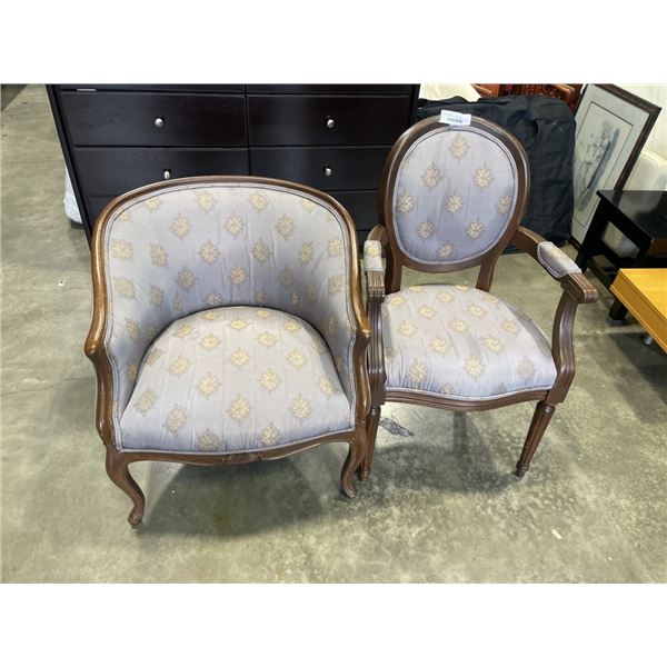 2 ANTIQUE WOOD FRAMED PARLOUR CHAIRS WITH MATCHING UPHOLSTERY