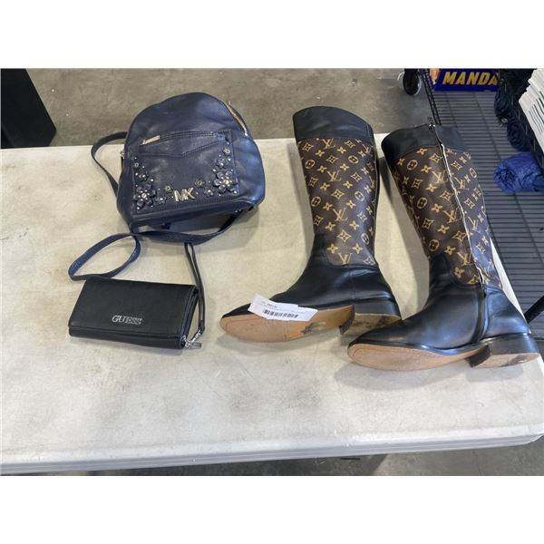 LV LEATHER BOOTS SIZE 37, MK LEATHER BACKPACK PURSE AND GUESS WALLET