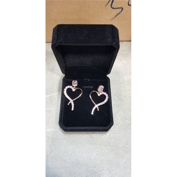 NEW 18K GOLD PLATED 1.0CT EMERALD CUT PINK SIMULATED DIAMOND (CZ) HEART DANGLE EARRINGS