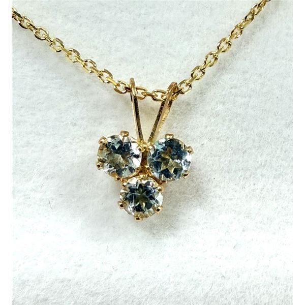 14KT YELLOW GOLD NATURAL AQUAMARINE PENDANT WITH GOLD PLATED STERLING SILVER CHAIN, RETAIL $350.00. 