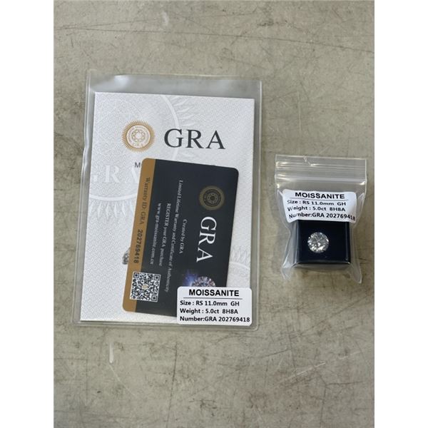 NEW 5.0 CARAT MOISSANITE LAB DIAMOND, ROUND BRILLIANT CUT, GH-VVS1, GRA REPORT, TESTS POSITIVE W/ DI