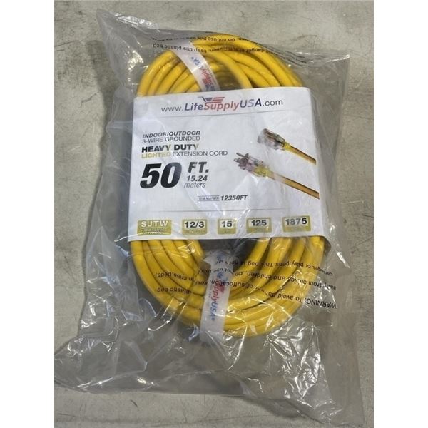 NEW 50FT INDOOR OUTDOOR HEAVY DUTY LIGHTED 3 WIRE EXTENSION CORD, 12AWG, YELLOW