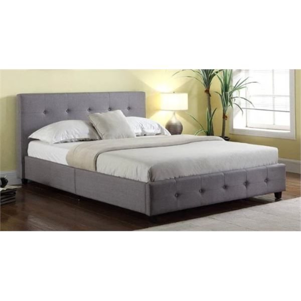 NEW GRACE KING BEDFRAME IN GREY LINEN, HEADBOARD, FOOTBOARD AND RAILS ONLY, NO SLATS