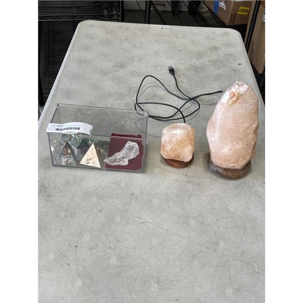 2 SALT LAMPS AND VARIOUS CRYSTALS
