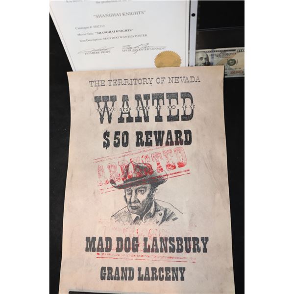 SHANGHAI KNIGHTS MAD DOG LANSBURY WANTED POSTER SCREEN USED W/ PROVENANCE