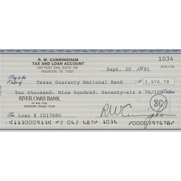 Apollo 7 Astronaut Walter Cunningham signed check