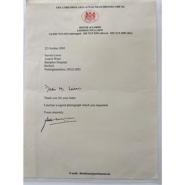 House of Lords Baron Dholakia Signed Letter