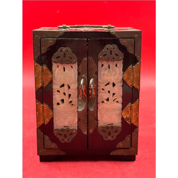 Antique Chinese Jewelry Box w/ Brass & Jade Accents