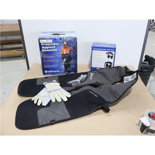 ENS DE PROTECTION  HUSQVARNA (PROTECTEURS D'OREILLES, LUNNETTES,  GANTS & PROTECTIONS POUR LES JAMBE